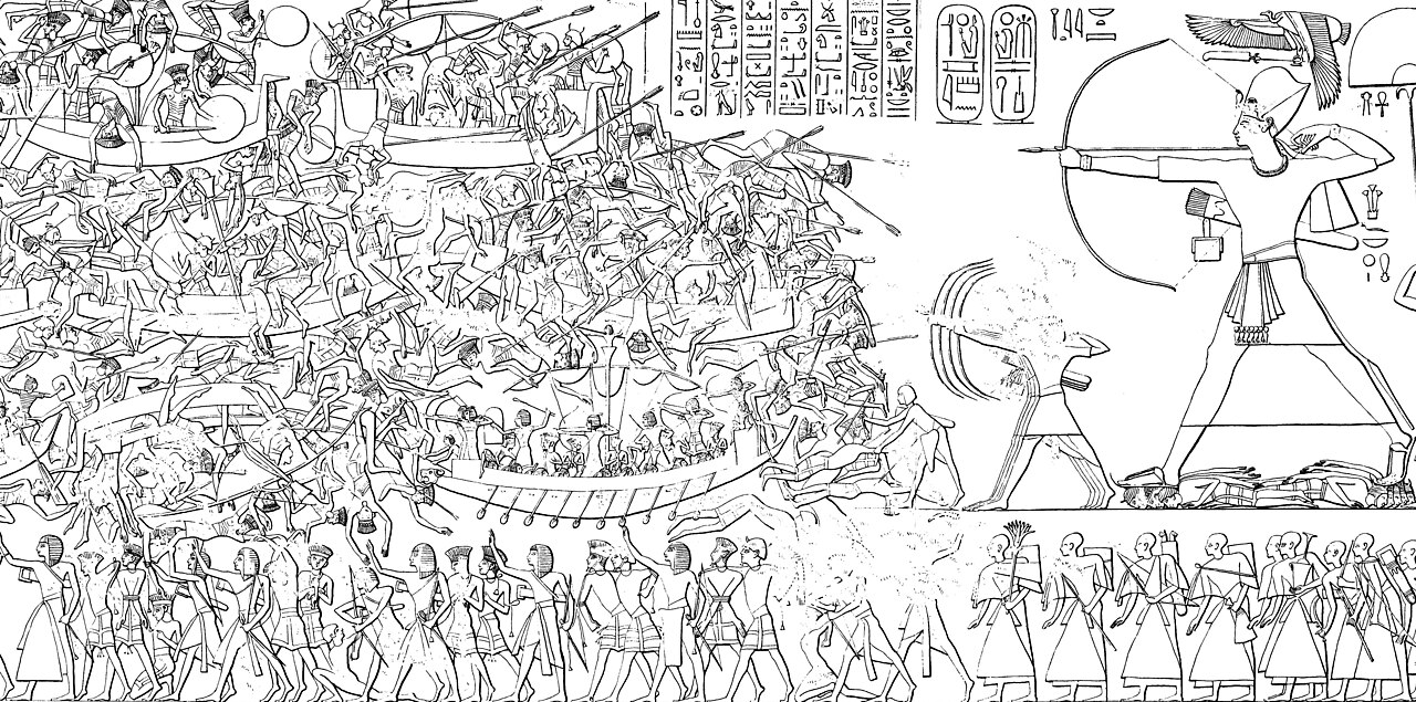 Desenho do relevo da batalha naval de Ramessés III contra os Povos do Mar