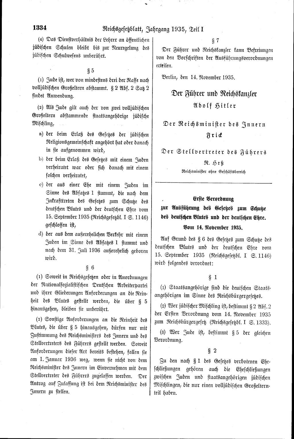 Página 1334 do Reichsgesetzblatt de 1935, com o texto das Leis de Nuremberg assinado por Adolf Hitler, Frick e Heß.