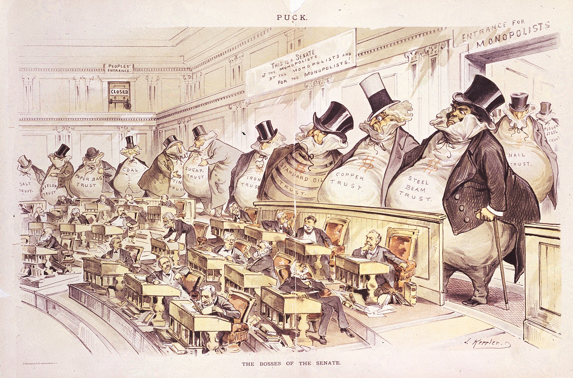 Charge 'The Bosses of the Senate' (1889): trustes gigantes em forma de sacos de dinheiro dominando o Senado dos EUA.