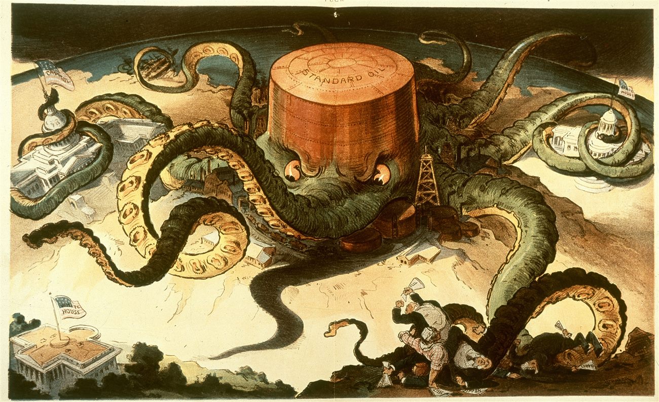 Charge de 1904 retratando a Standard Oil como um polvo cujos tentáculos agarram o Capitólio, a Casa Branca e setores da economia.