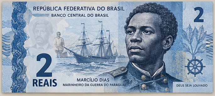 Proposta de cédula de R$ 2 com Marcílio Dias, marinheiro herói de Riachuelo