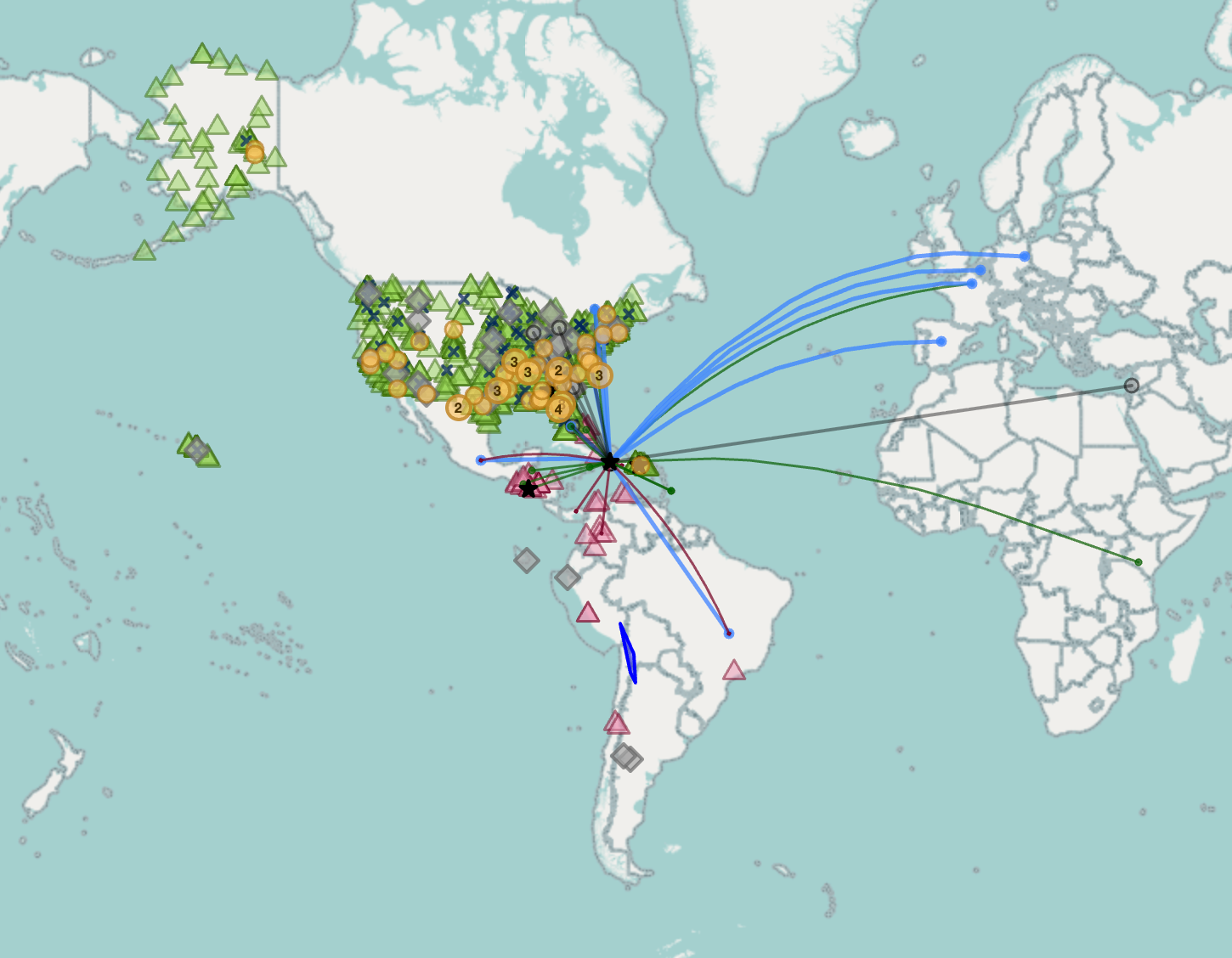 Mapa da Aliança Negra pela Paz catalogando alvos potenciais nos EUA e no Hemisfério Ocidental