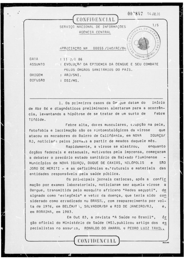 Documento confidencial do Serviço Nacional de Informações de 1986 sobre a epidemia de dengue