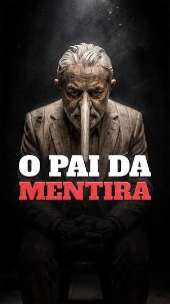Montagem 'O Pai da Mentira': figura idosa curvada, com um longo nariz de Pinóquio.