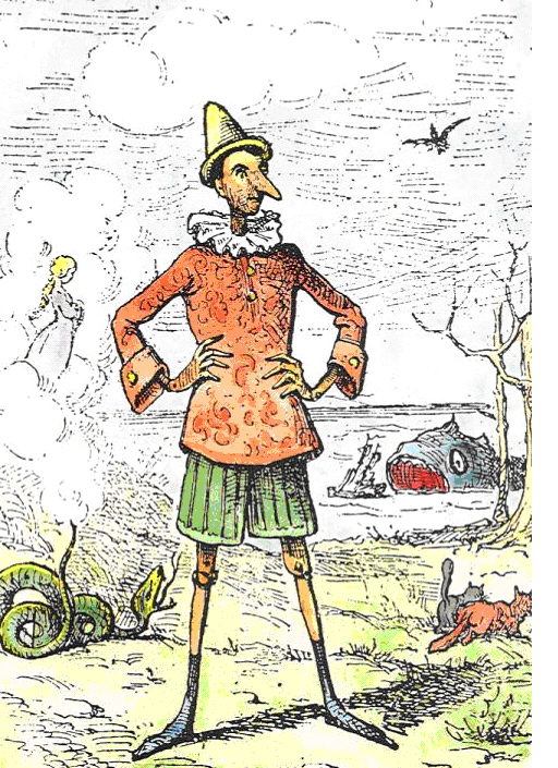Ilustração clássica do Pinóquio (Enrico Mazzanti, 1883), o boneco de nariz pontudo — símbolo da mentira — como capa da análise sobre as denúncias de véspera contra Flávio.
