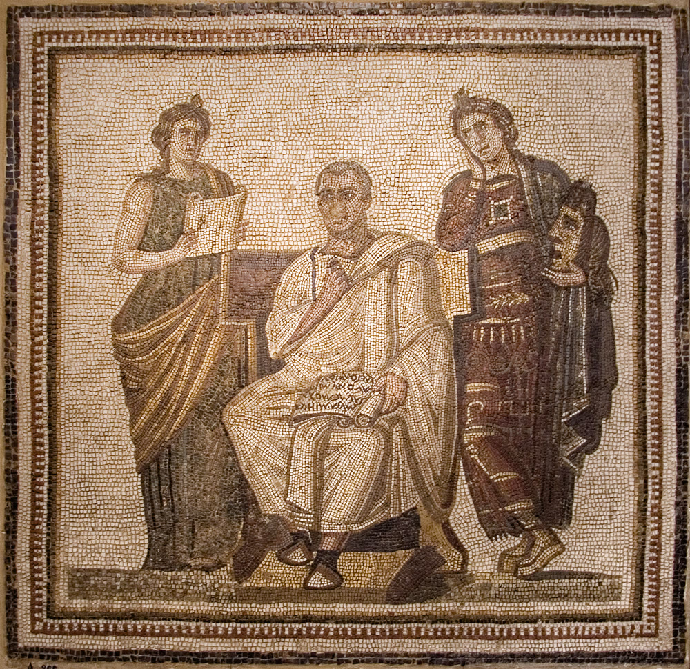 Virgílio ladeado por duas musas, mosaico romano