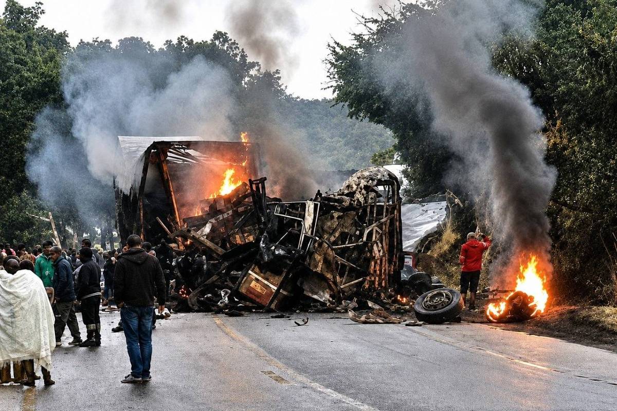 Ônibus e caminhão destruídos e em chamas no meio de uma rodovia após uma batida de frente, com pessoas em pé ao redor.