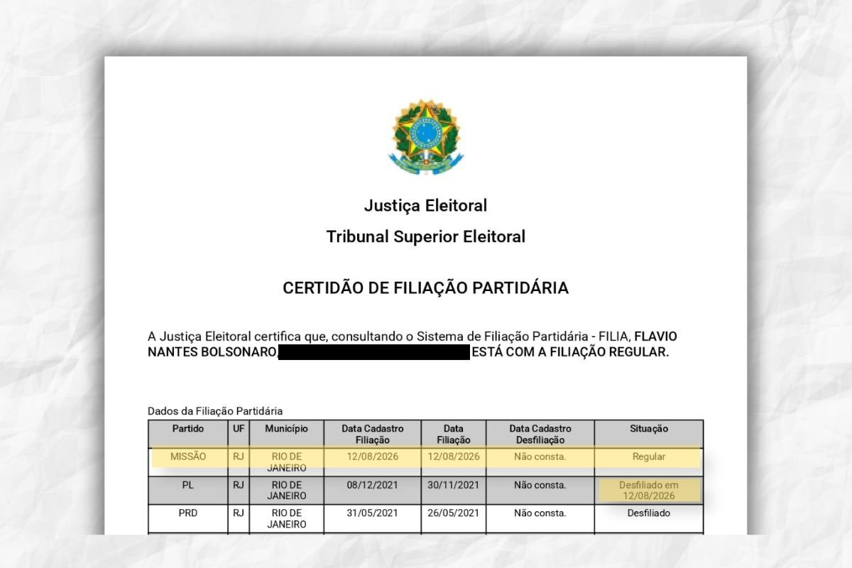 Certidão de filiação partidária de Flávio Bolsonaro emitida pelo sistema FILIA do TSE, mostrando a filiação ao Missão como regular e o PL como desfiliado em 12/08/2026.