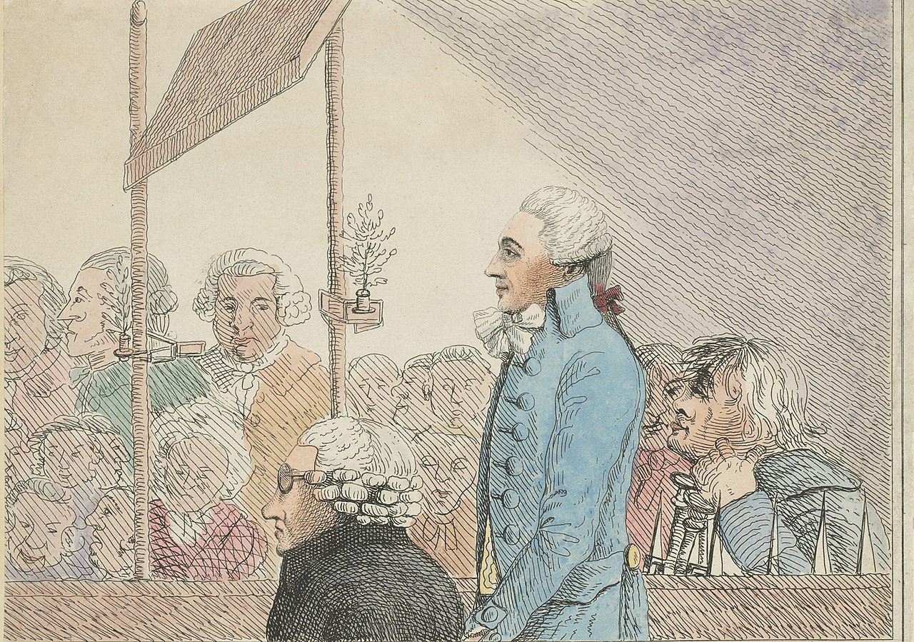 Gravura antiga de um julgamento com júri em um tribunal de common law.