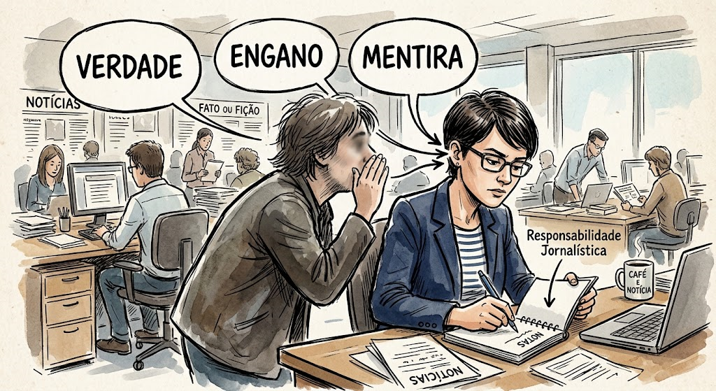 A Inocência da Fonte — uma fonte sussurra ao ouvido de um jornalista os balões VERDADE, ENGANO e MENTIRA.