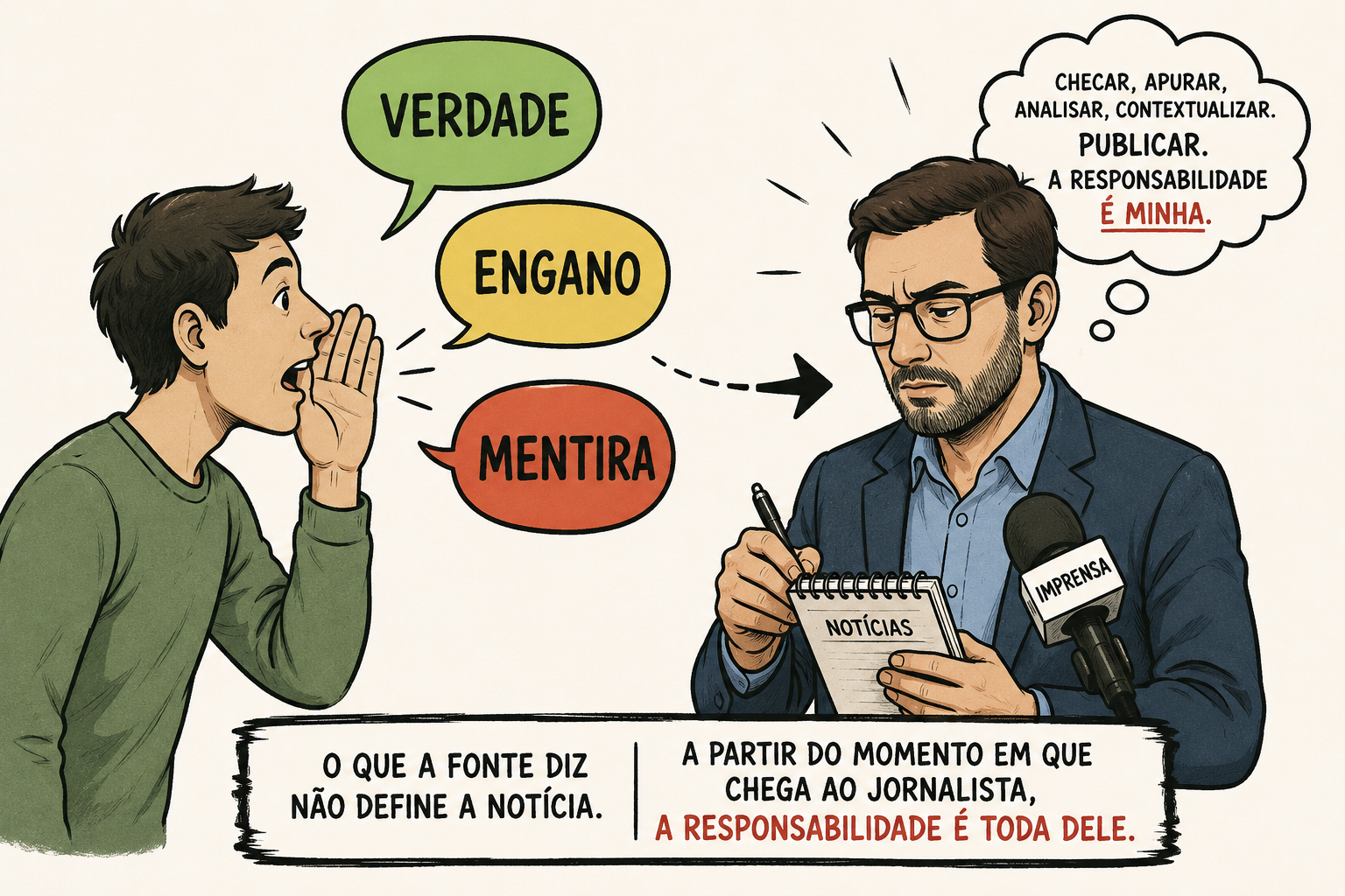 Ilustração: à esquerda, a fonte fala três balões — VERDADE, ENGANO e MENTIRA; à direita, o jornalista anota e pensa 'checar, apurar, analisar, contextualizar, publicar — a responsabilidade é minha'. Tarja inferior: 'O que a fonte diz não define a notícia. A partir do momento em que chega ao jornalista, a responsabilidade é toda dele.'