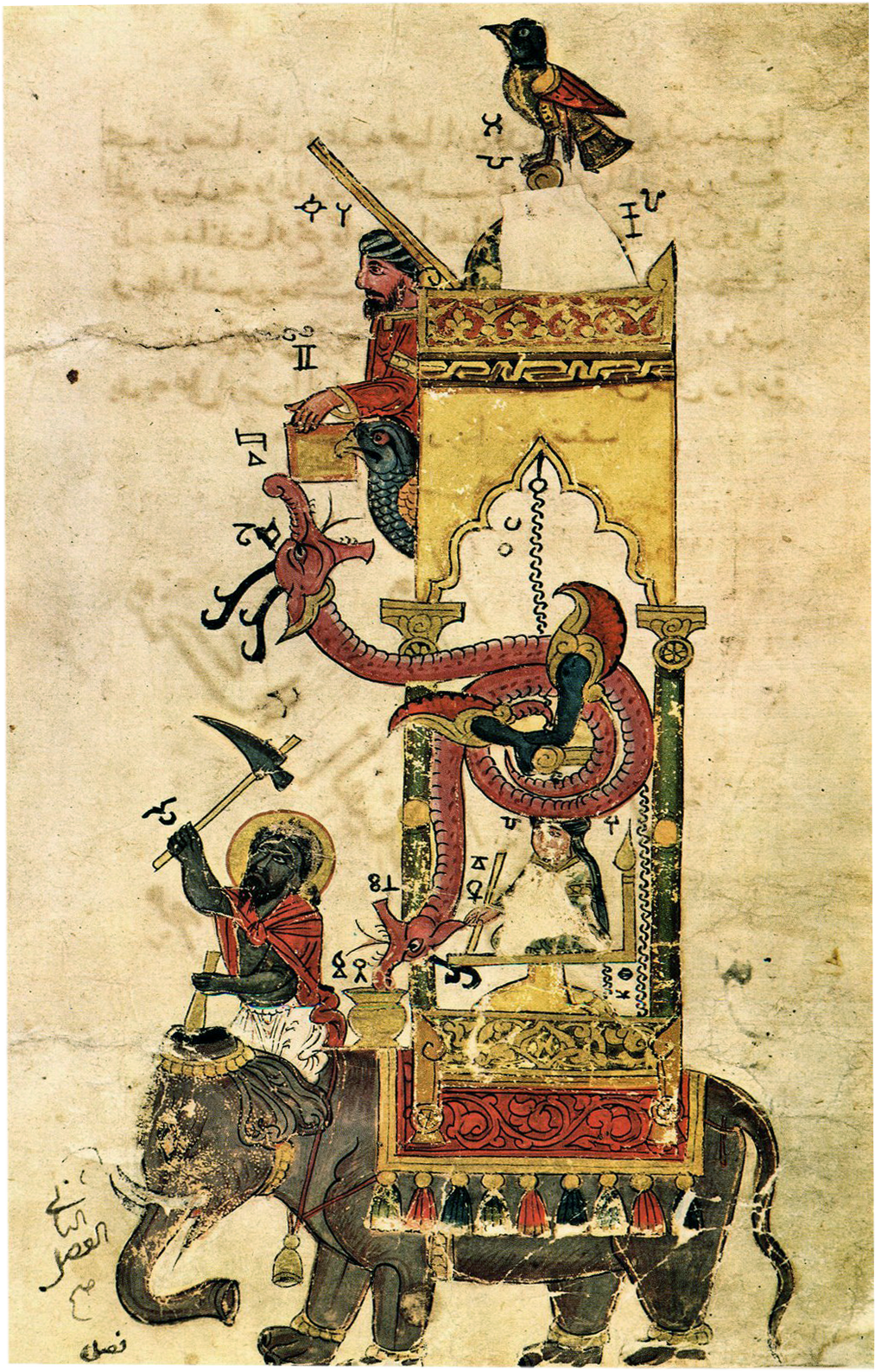 Ilustração do relógio do elefante, de al-Jazari, em manuscrito medieval.