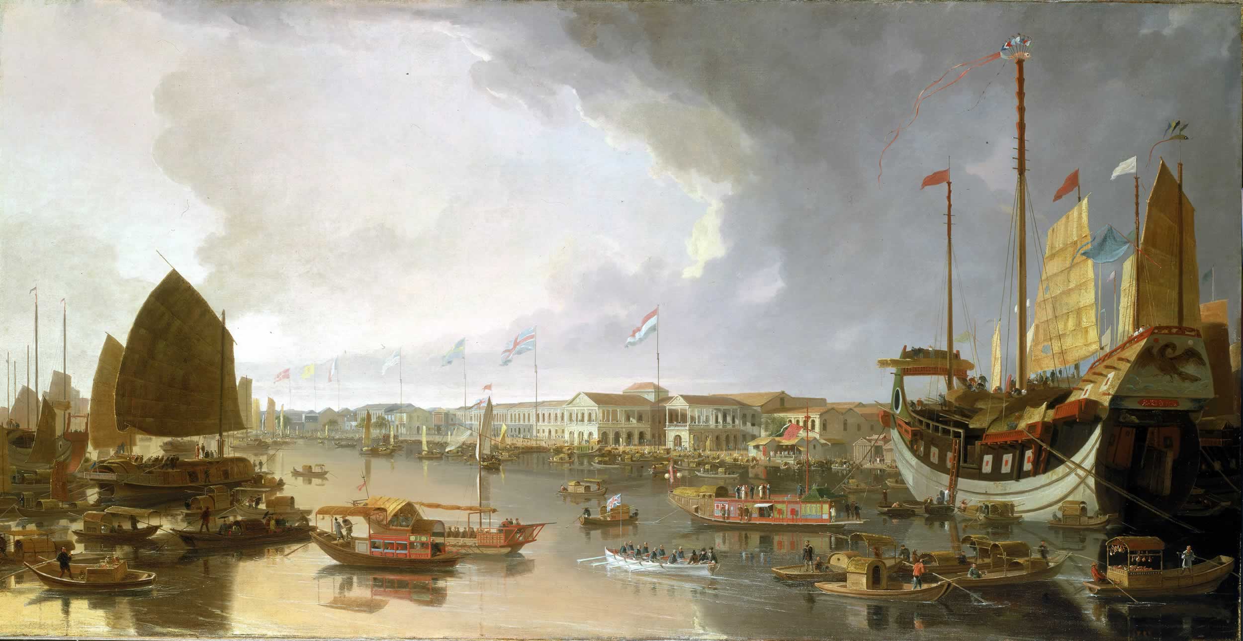 Vista das feitorias estrangeiras (factories) em Cantão no início do século XIX, antes da cessão de Hong Kong.