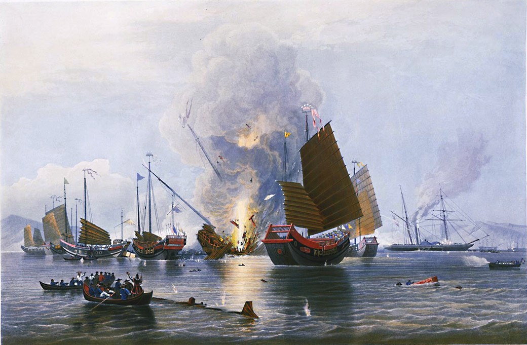 Pintura de Edward Duncan, 1843, mostrando o navio britânico HMS Nemesis destruindo juncos chineses.