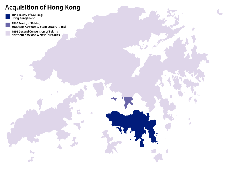Mapa mostrando como a Grã-Bretanha adquiriu Hong Kong em três etapas: 1842, 1860 e 1898.
