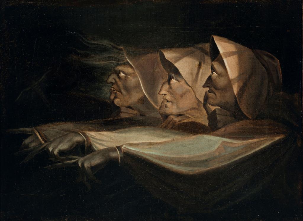Estudo de Henry Fuseli para as três bruxas de Macbeth, mostrando três perfis alinhados apontando na mesma direção.
