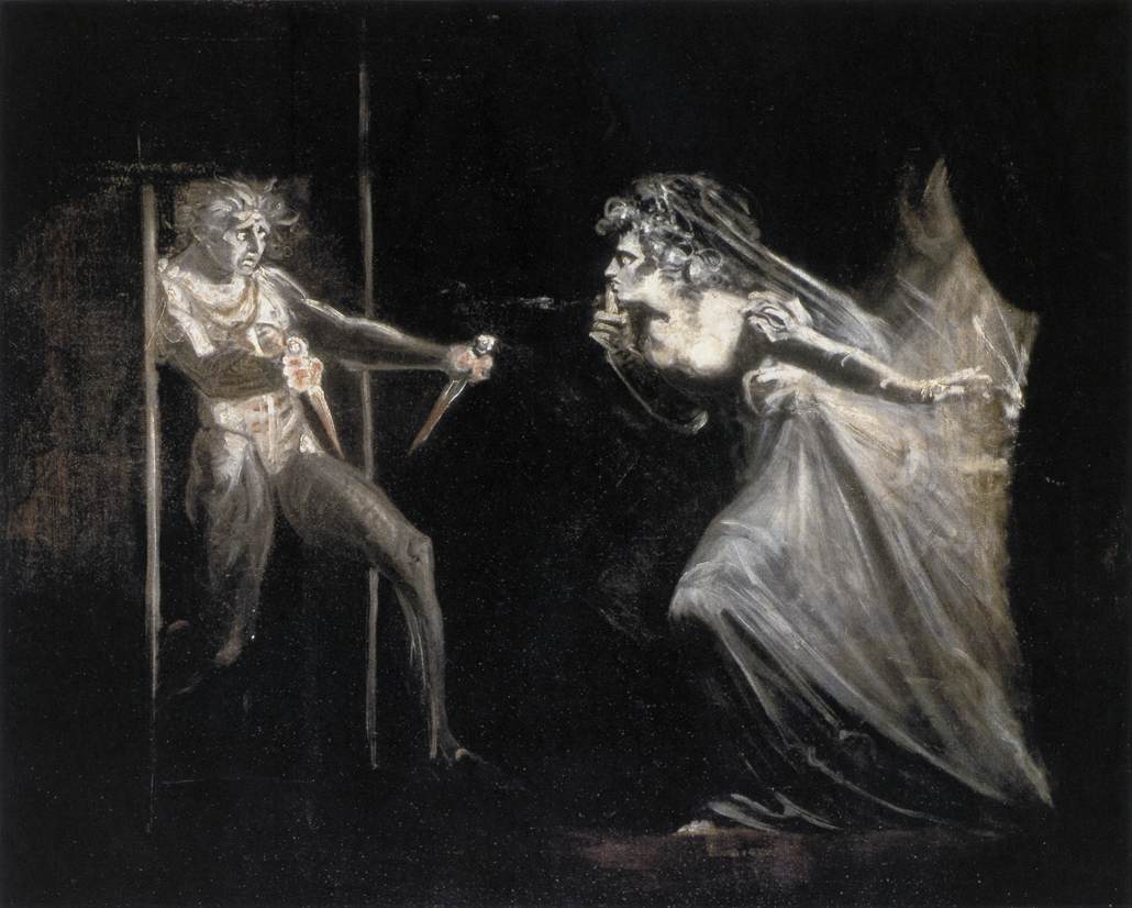 Lady Macbeth com os punhais, pintura de Johann Heinrich Füssli, mostrando a personagem em gesto dramático segurando as adagas.