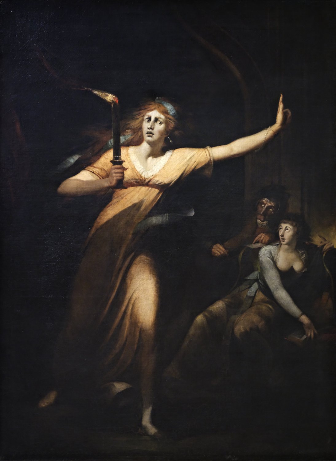Lady Macbeth caminhando durante o sono, pintura de Johann Heinrich Füssli, figura pálida de olhos abertos avançando na penumbra.