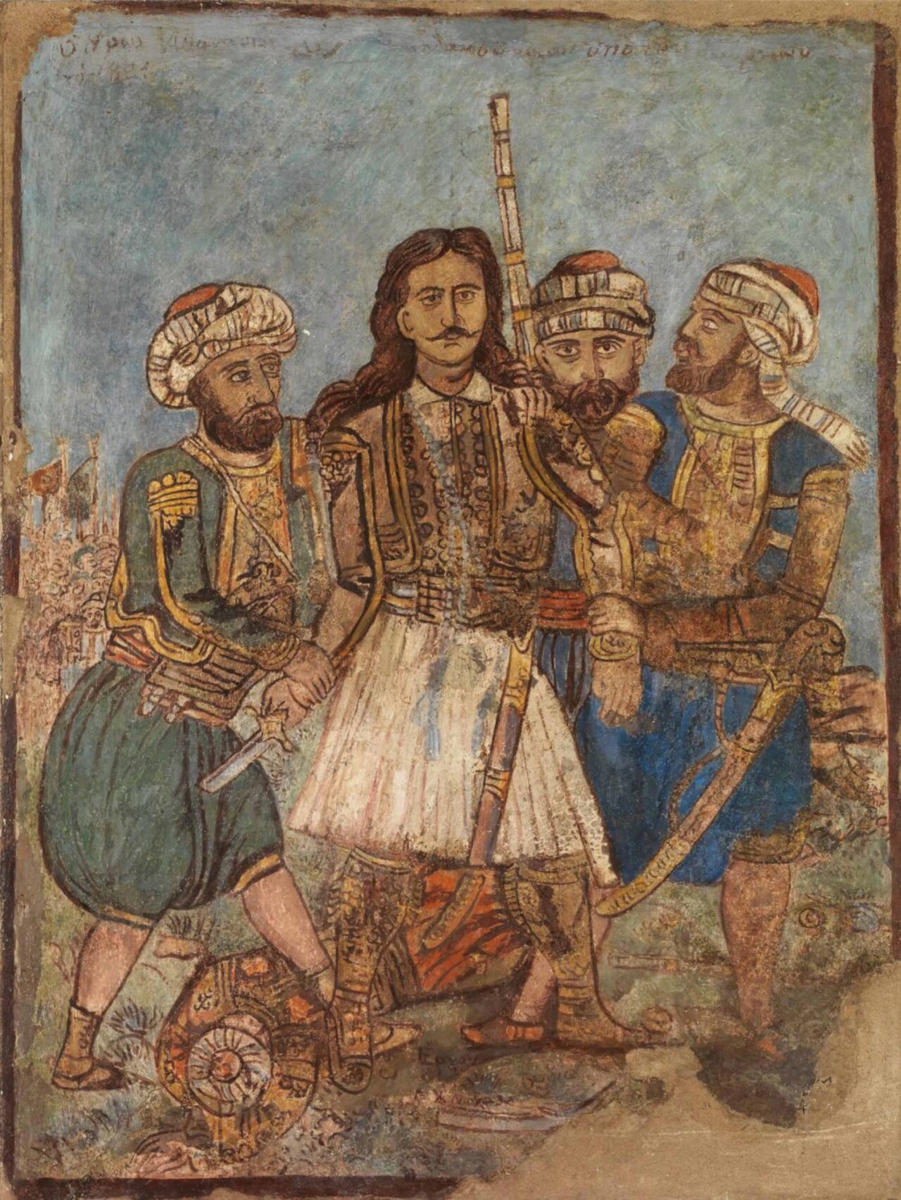 Pintura de Theophilos Hatzimihail (1931) representando Athanasios Diakos preso entre soldados otomanos, antes do martírio.