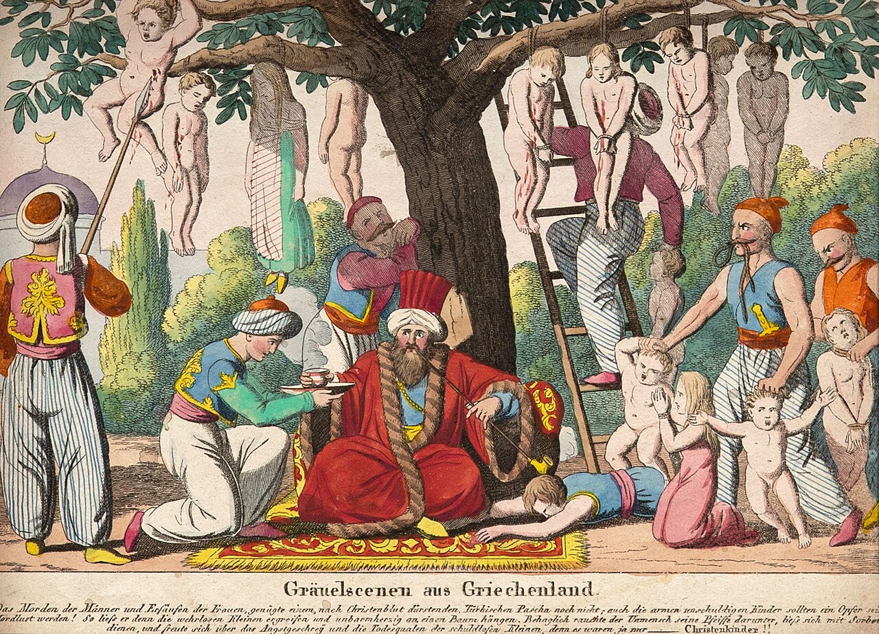 Estampa alemã 'Gräuelscenen aus Griechenland', anos 1820: sob uma árvore de onde pendem crianças enforcadas, um turco fuma cachimbo e é servido de xerbete.