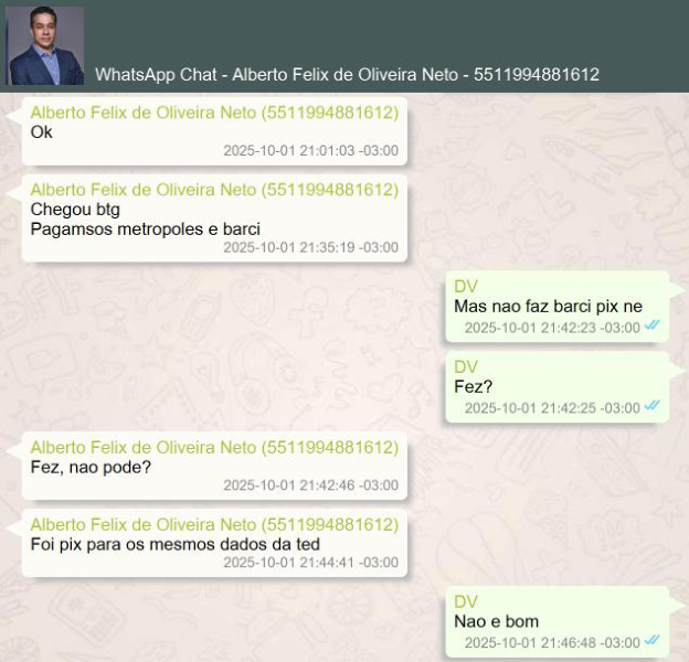 Vorcaro orienta Alberto Felix que os pagamentos para o escritório Barci de Moraes não devem ser feitos por PIX.