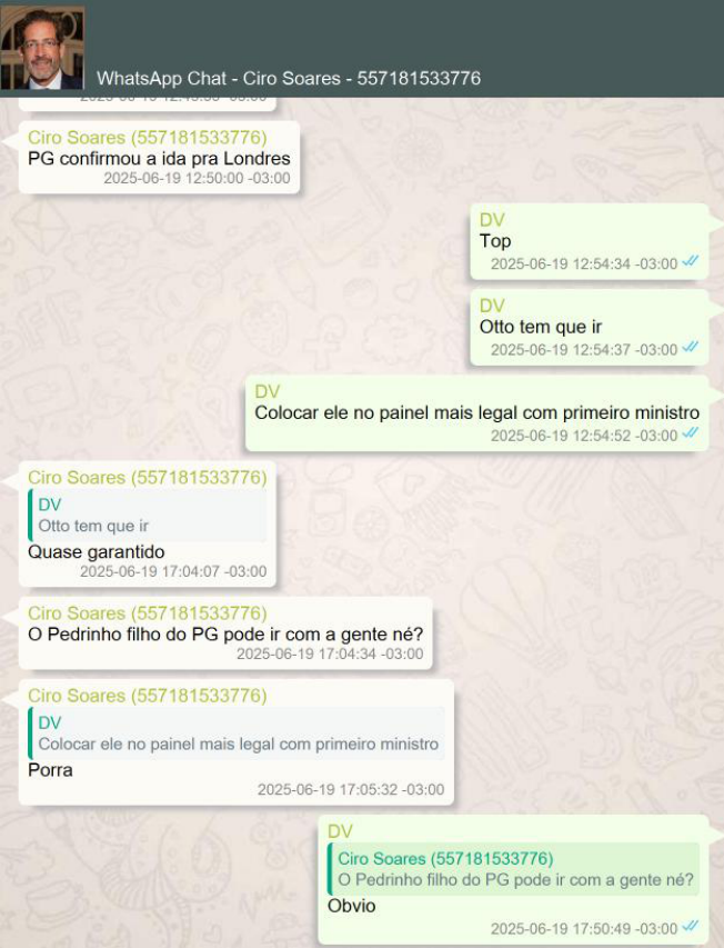 Ciro Soares informa a Vorcaro que 'PG confirmou ida a Londres' e pergunta se o 'Pedrinho filho do PG pode ir com a gente'.