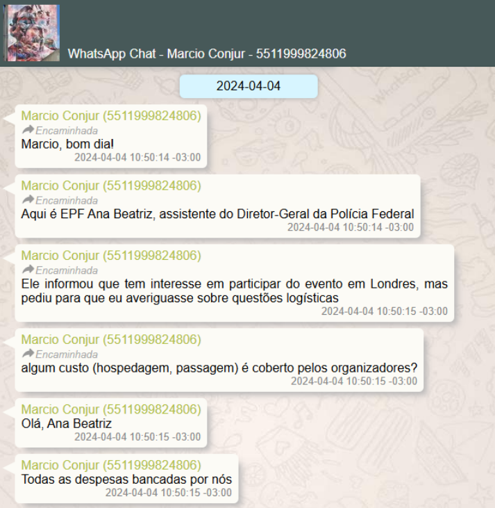 'Marcio Conjur' repassa a Vorcaro mensagem da assistente do diretor-geral da PF sobre o interesse no convite a Londres e se as despesas são cobertas; resposta: 'Todas as despesas bancadas por nós'.