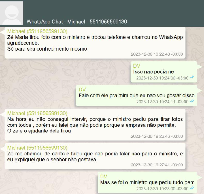 Michael relata a Vorcaro que o ministro pediu para tirar foto com os funcionários do hotel e que 'Zé Maria tirou foto com o ministro'.