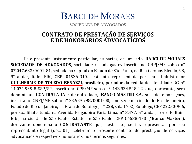 Primeira página do contrato de prestação de serviços entre o escritório Barci de Moraes e o Banco Master.
