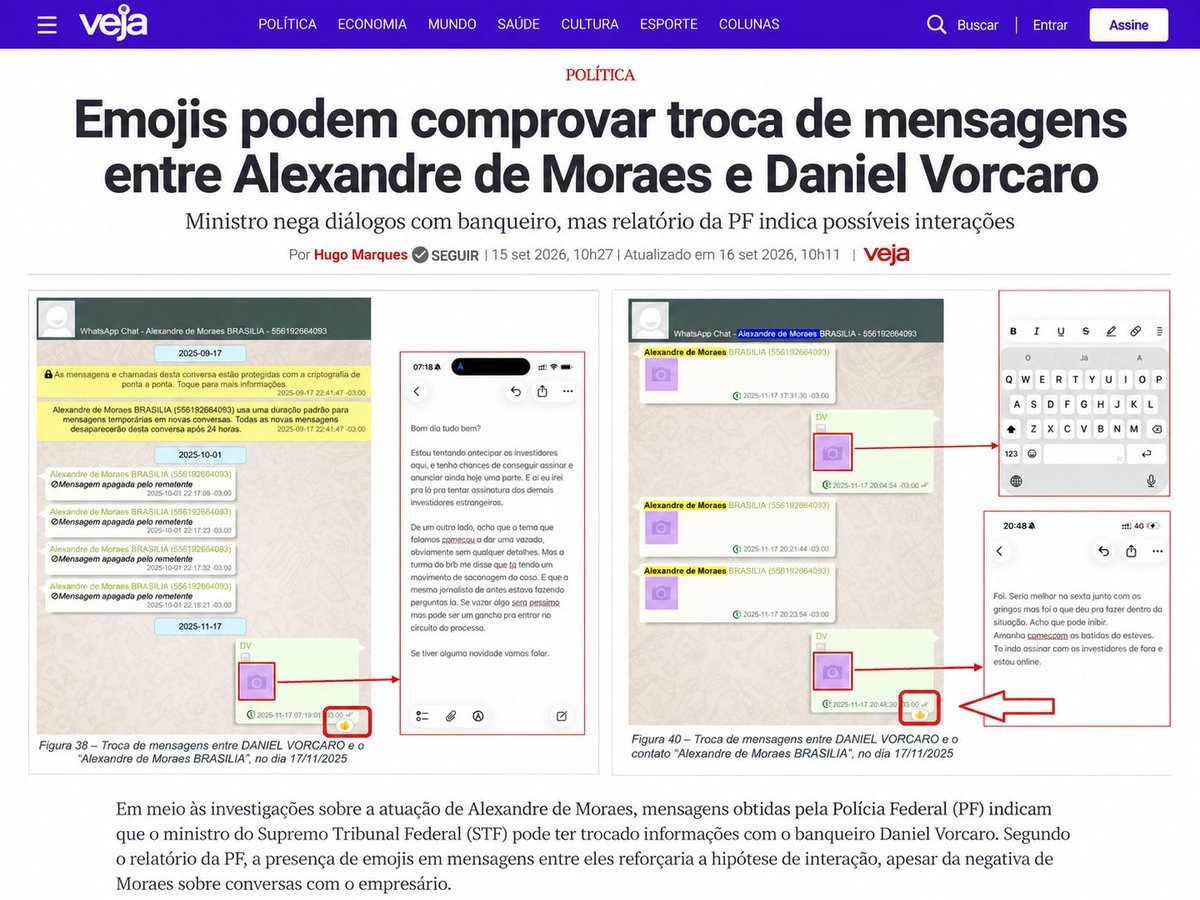 Reprodução das Figuras 38 e 40 do relatório da PF: conversas de WhatsApp entre Vorcaro e o contato 'Alexandre de Moraes BRASILIA', com setas vermelhas e um emoji de joinha no canto da mídia enviada por Vorcaro.