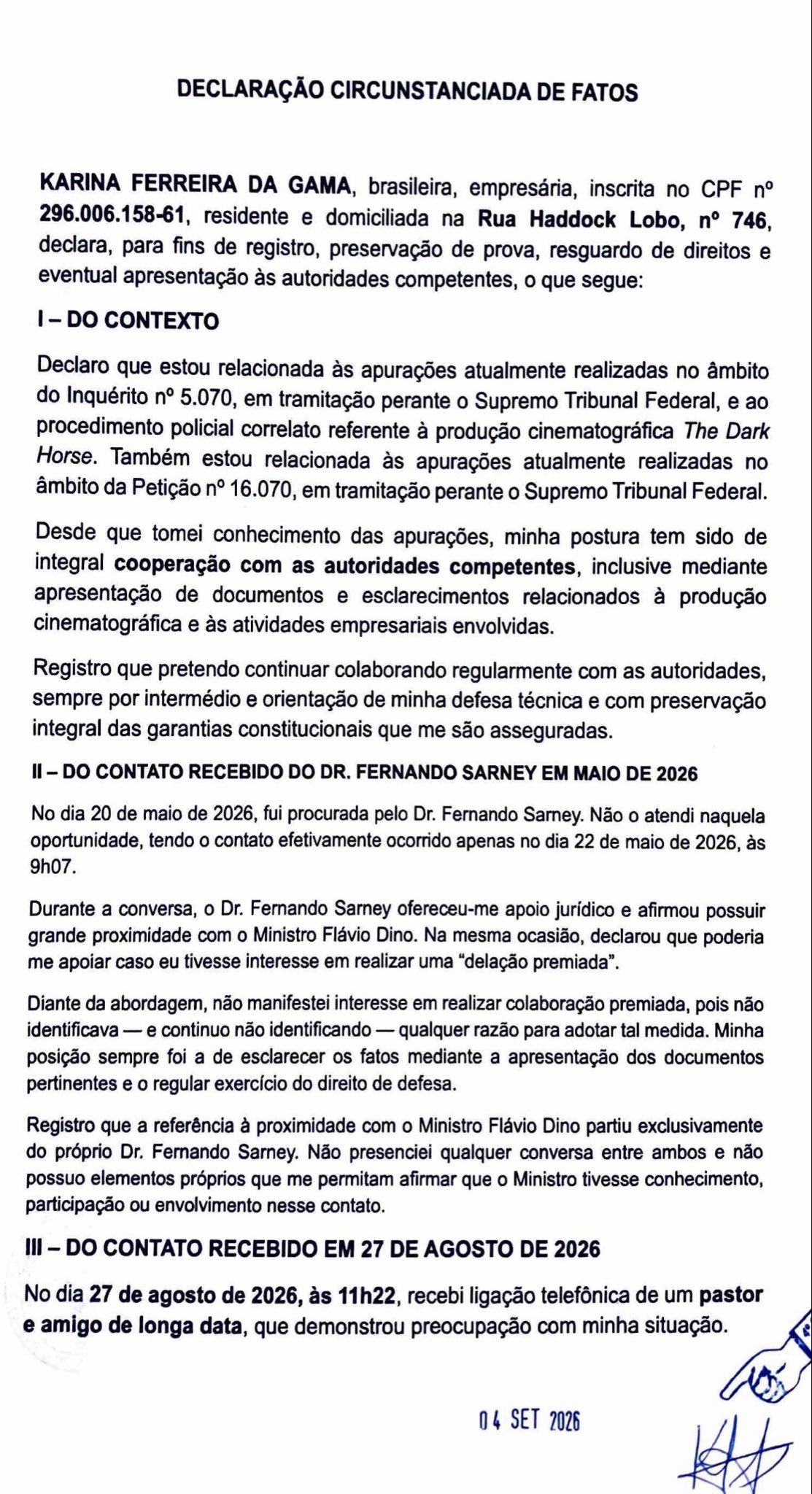 Primeira página da Declaração Circunstanciada de Fatos assinada por Karina Ferreira da Gama