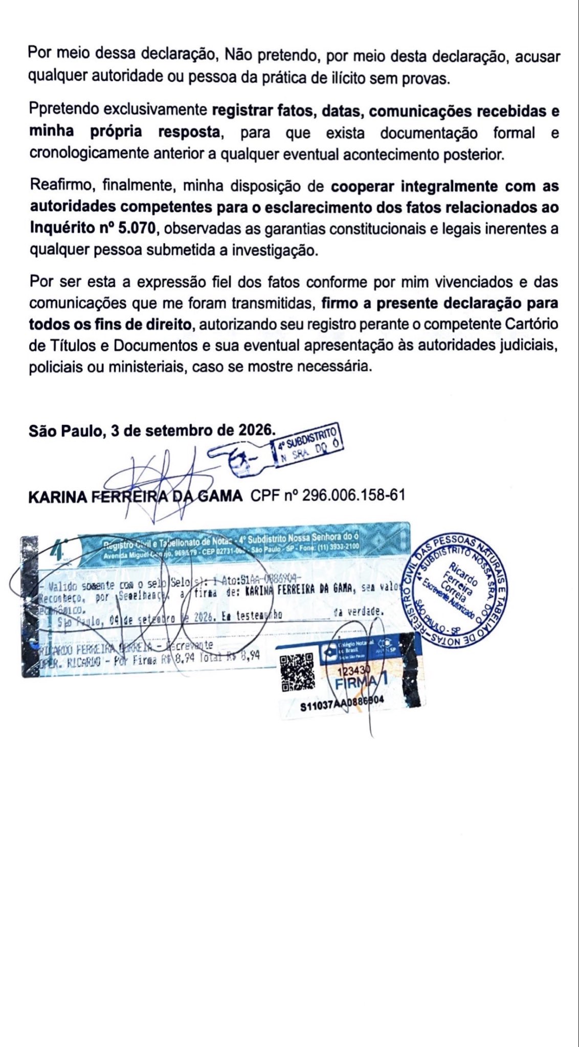 Página 4 da declaração, com a assinatura e o reconhecimento de firma