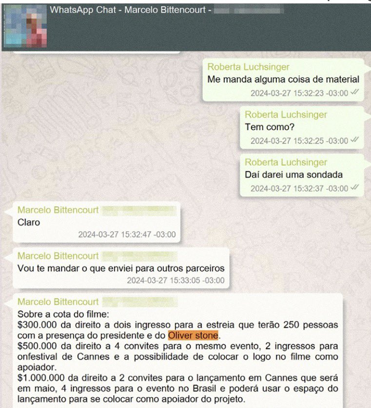Print de conversa de WhatsApp com Marcelo Bittencourt: tabela de cotas de patrocínio do filme.