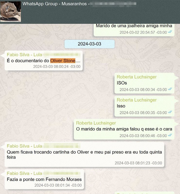 Print de grupo de WhatsApp: Fábio Luís (Lulinha) confirma o documentário de Oliver Stone e diz que fazia a ponte sobre o filme.