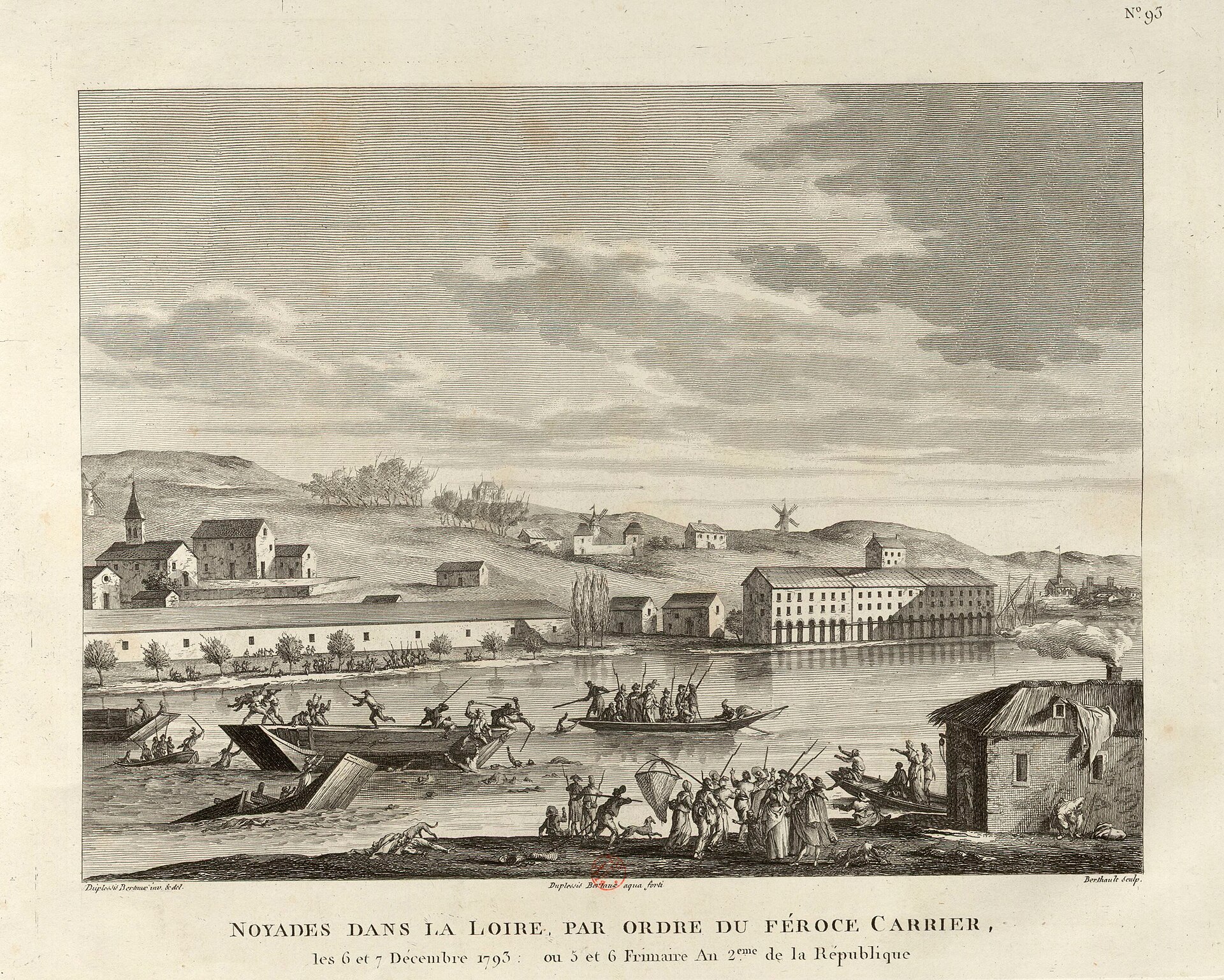 Gravura de época dos afogamentos no rio Loire por ordem de Carrier, as noyades de Nantes.