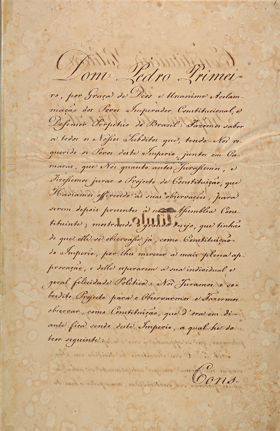 Fac-símile da primeira folha manuscrita da Constituição de 1824, com o preâmbulo em nome de Dom Pedro I
