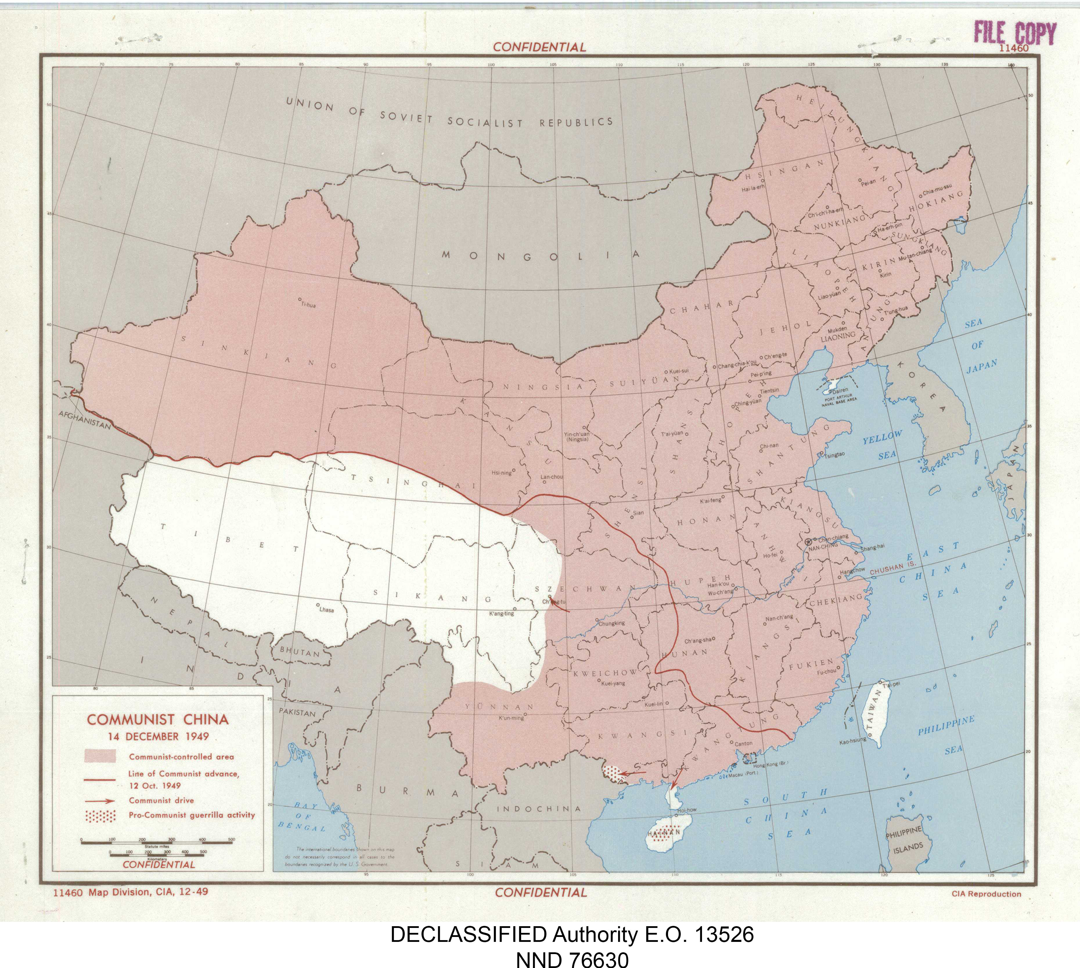 Mapa histórico da China em 14 de dezembro de 1949, mostrando a área controlada pelos comunistas e Taiwan sob a República da China.