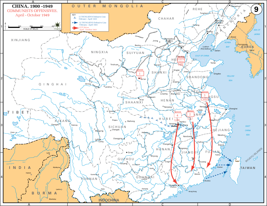 Mapa das ofensivas comunistas de abril a outubro de 1949, empurrando os nacionalistas até o litoral.