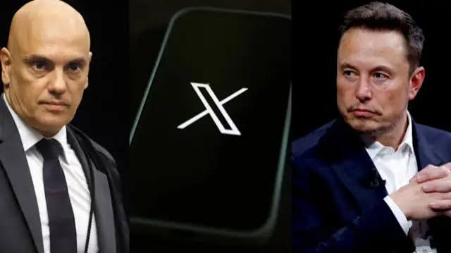 Montagem com o ministro Alexandre de Moraes, o logotipo do X (Twitter) e Elon Musk.